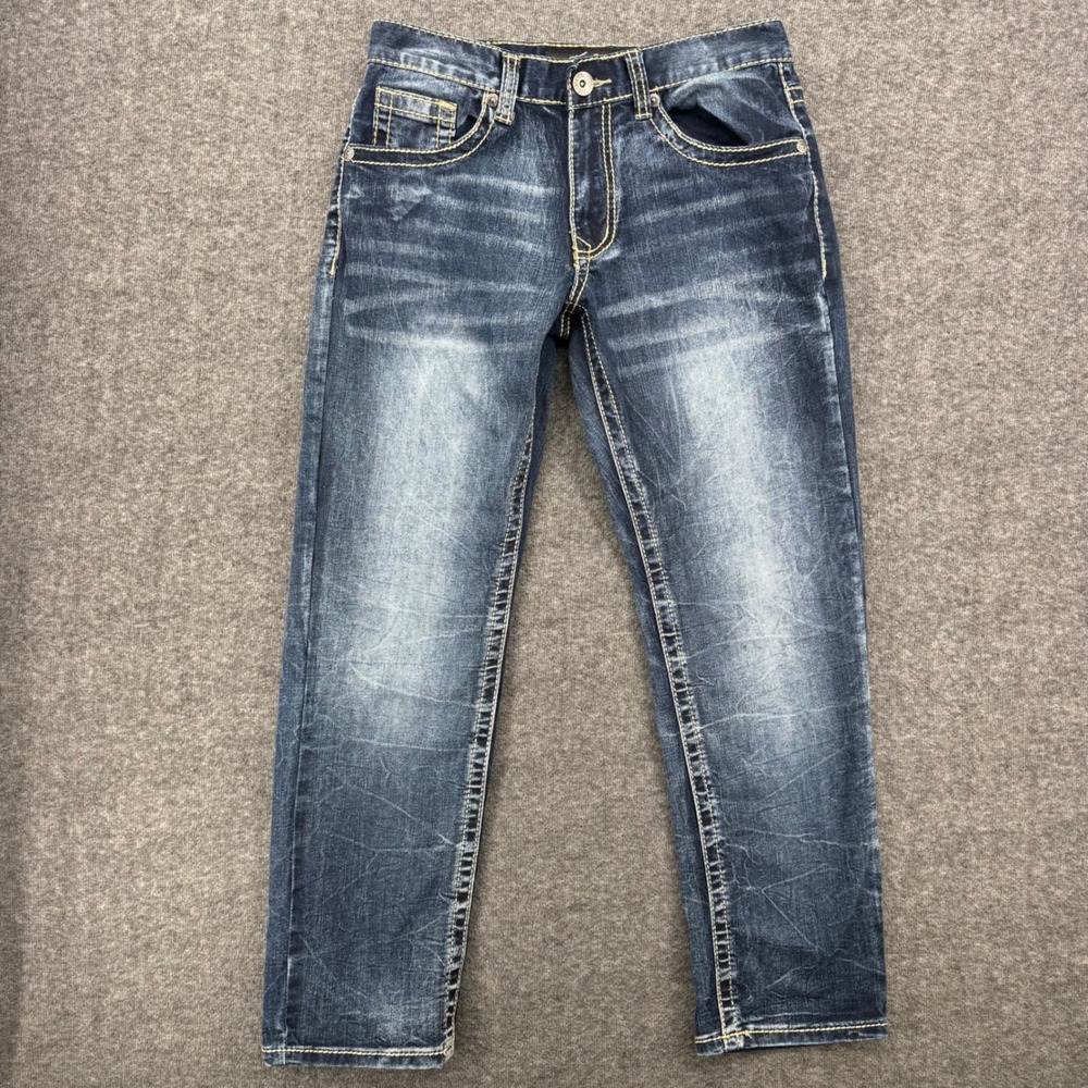 True Luck Mens 30 Dark Wash Thick Stitch Distressed Straight Jeans Western
